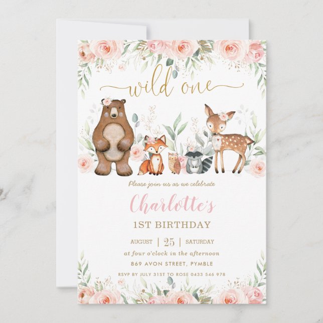 Invitación Animales de Woodland Rubor Floral Primer cumpleaño (Anverso)