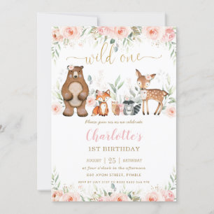 Invitación Animales de Woodland Rubor Floral Primer cumpleaño