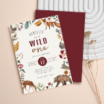 Invitación Animales de Woodland Salvajes Un Primer Cumpleaños<br><div class="desc">Una elegante y moda invitación silvestre de un animal de bosque de tema diseñado con hojas de acuarela y flores y animales como zorro,  ciervo,  oso,  pájaros y mariposas para su primer cumpleaños.</div>