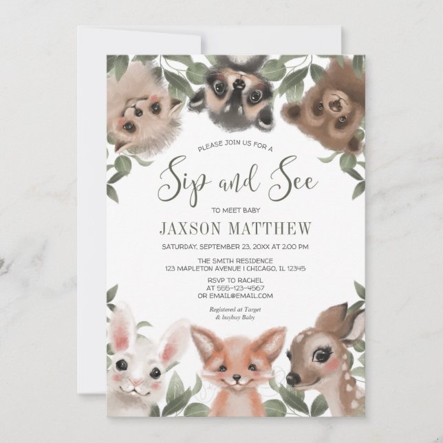 Invitación Animales de Woodland Sip y See conocen a un bebé (Anverso)