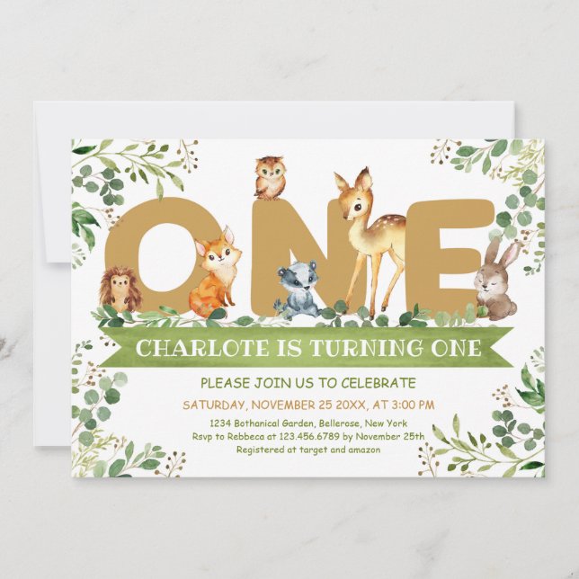 Invitación Animales de Woodland Un niño verde cumpleaños (Anverso)