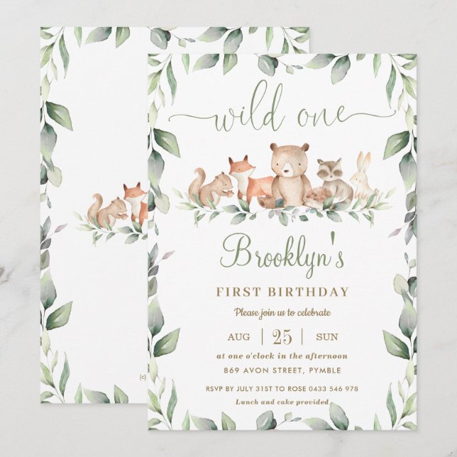 Invitación Animales de Woodland Vegetales 1° cumpleaños salva (Anverso / Reverso)