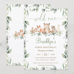 Invitación Animales de Woodland Vegetales 1° cumpleaños salva