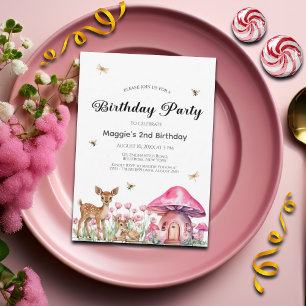 Invitación Animales de Woodland y hongos de hadas 2º cumpleañ