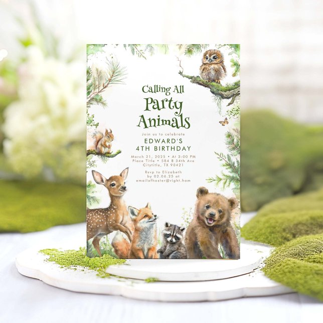Invitación Animales de Woodland y vegetación Cute niños Cumpl (Calling All Party Animals - Cute and Fun Woodland Animals Themed Birthday Invitations)