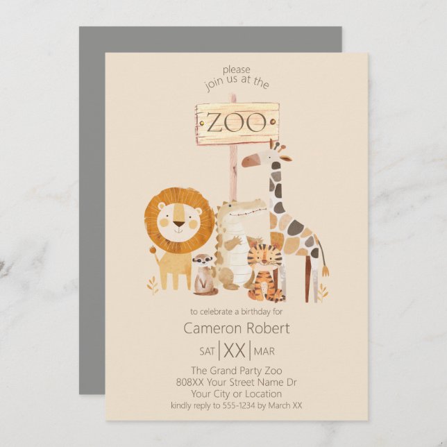 Invitación Animales de zoológico lindos sobre beige (Anverso / Reverso)