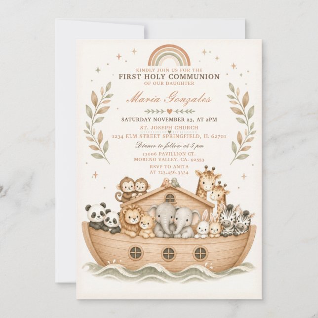 Invitación Animales del Arca Beige Primera Comunión (Anverso)