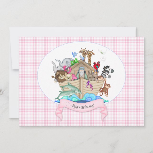 Invitación Animales del Arca de Noé con Cuadros Rosas (Anverso)