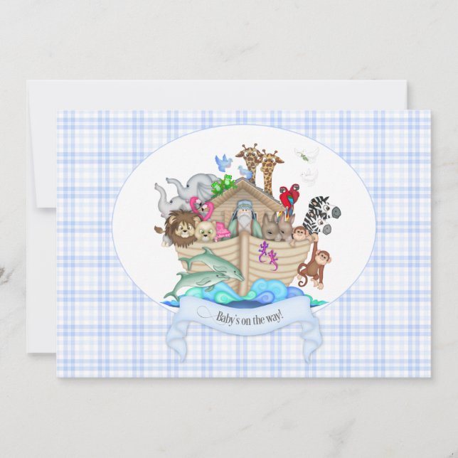 Invitación Animales del Arca de Noé Gingham Azul (Anverso)