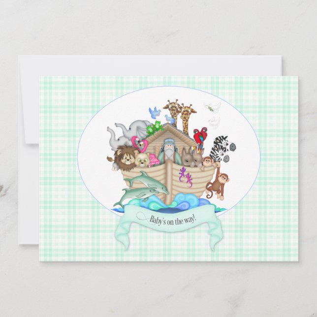 Invitación Animales del Arca de Noé Gingham Verde Menta (Anverso)