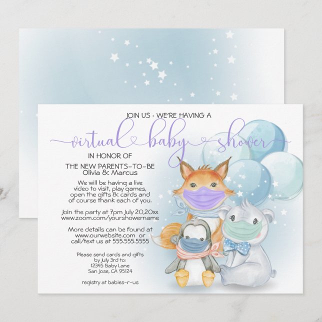 Invitación Animales del Ártico azul en Baby Shower virtual má (Anverso / Reverso)