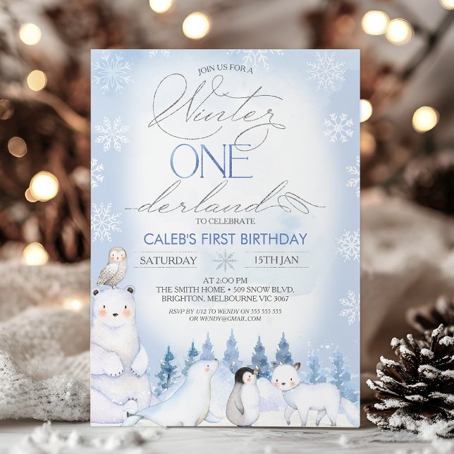 Invitación Animales del Ártico Azul invernal Terranova Primer (Onederland Arctic Animals Birthday Invitation, Boys Winter Onederland Invitation Template, Blue )