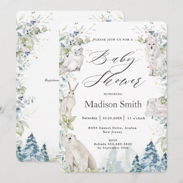Invitación Animales del Ártico Invernal Baby Shower Neutral A (Anverso / Reverso)
