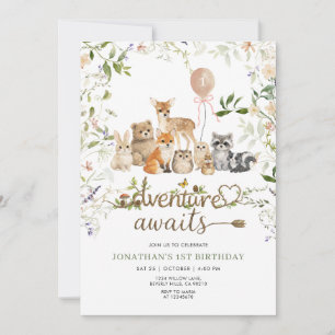 Invitación Animales del Bosque 1er Cumpleaños   Bosque Rústic