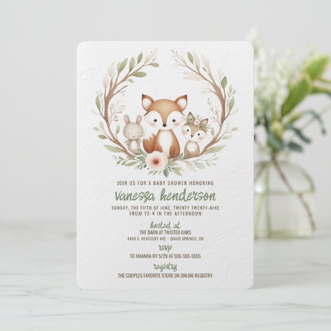 Invitación Animales del Bosque Baby Shower (Anverso de pie)
