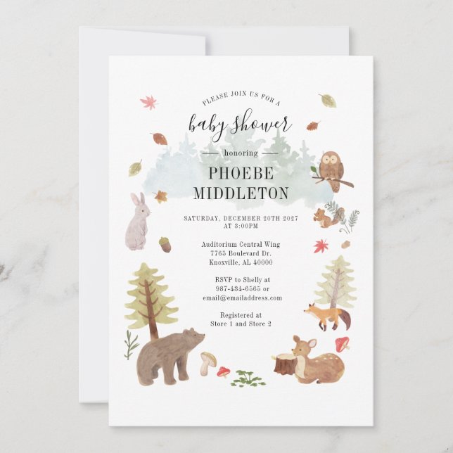 Invitación Animales del bosque Baby Shower Woodland (Anverso)