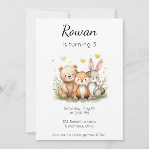 Invitación Animales del Bosque Cumpleaños Oso Zorro Conejito 