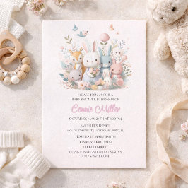 Invitación Animales del bosque de color rosa pastel para baby