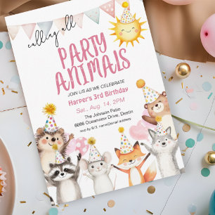 Invitación Animales del bosque de la fiesta rosa con sombrero