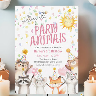 Invitación Animales del bosque de la fiesta rosa con sombrero