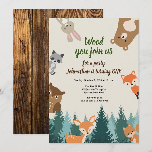 Invitación Animales del bosque de Woodland Greenery Primer cu (Anverso / Reverso)