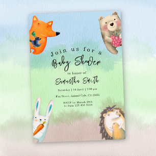 Invitación Animales del bosque en acuarela para baby shower