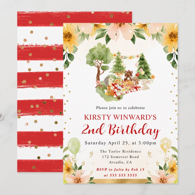 Invitación Animales del bosque en picnic cumpleaños infantil  (Anverso / Reverso)