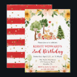 Invitación Animales del bosque en picnic cumpleaños infantil<br><div class="desc">Diseño de picnic de zorro,  conejo,  erizo y ciervo del bosque con flores amarillas y beige,  bordes dorados y confeti brillante dorado con fondo de rayas rojas en acuarela</div>