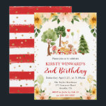 Invitación Animales del bosque en picnic cumpleaños infantil<br><div class="desc">Diseño de picnic de zorro,  conejo,  erizo y ciervo del bosque con flores amarillas y beige,  bordes dorados y confeti brillante dorado con fondo de rayas rojas en acuarela</div>