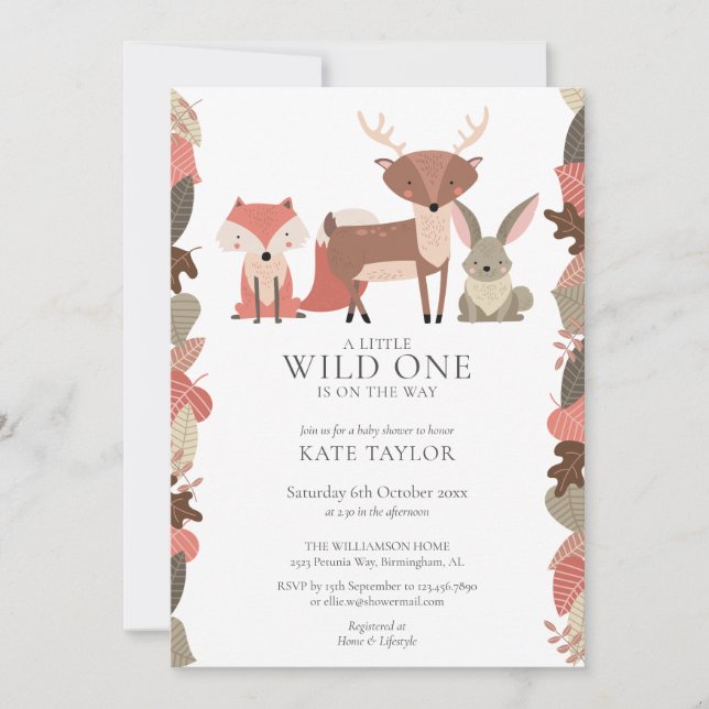Invitación Animales del Bosque Fiesta de Bebé Neutral Wild On (Anverso)