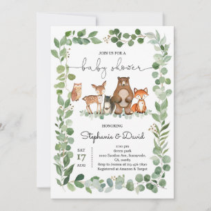 Invitación Animales del Bosque Fiesta de Bebé Verde