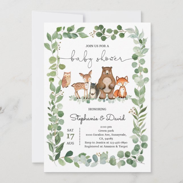 Invitación Animales del Bosque Fiesta de Bebé Verde (Anverso)