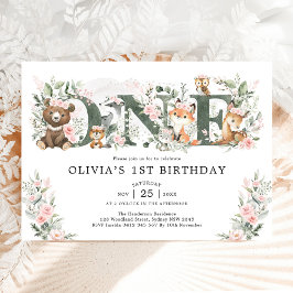 Invitación Animales del bosque floral rosa para niña cumple 1