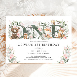 Invitación Animales del bosque floral rosa para niña cumple 1