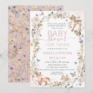 Invitación Animales del Bosque Flores Gemelas Baby Shower