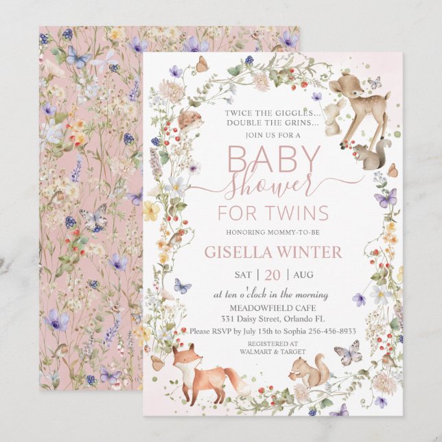 Invitación Animales del Bosque Flores Gemelas Baby Shower (Anverso / Reverso)
