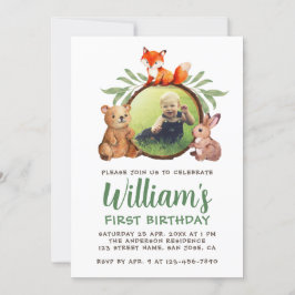 Invitación Animales del Bosque Foto Cumpleaños 1er Zorro Oso 