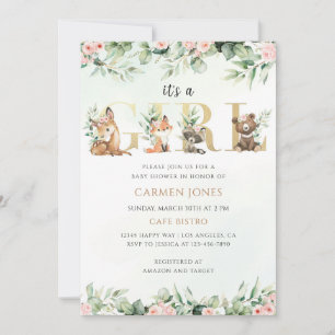 Invitación Animales del Bosque Niña Shower de Bebé Verde
