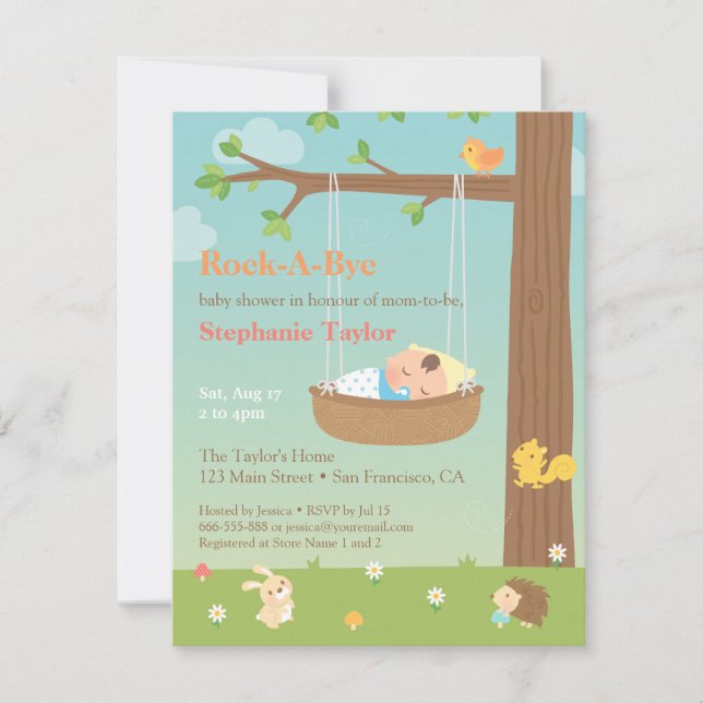 Invitación Animales del Bosque Rock A Bye Baby Shower (Anverso)