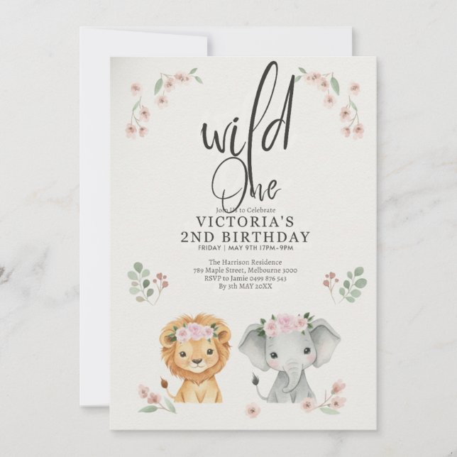 Invitación Animales del Bosque Salvaje y Cumpleaños 1 con Cha (Anverso)