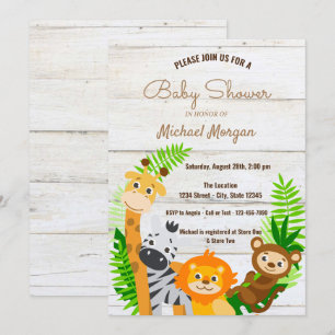 Invitación Animales del Bosque, Textura de Madera, Baby Showe