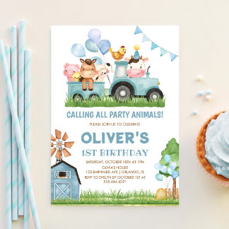Invitación Animales del Granero, Cumpleaños 1 de Niños de Ran