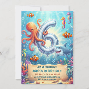 Invitación Animales del Océano Cumpleaños 6 Bajo el Mar