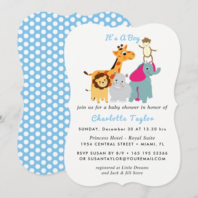 Invitación Animales del zoológico de Whimsy invitan a Baby Sh (Anverso / Reverso)