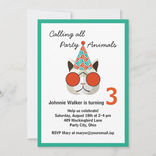 Invitación Animales divertidos de cumpleaños - todas las edad (Anverso)