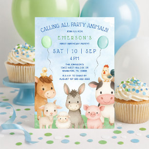 Invitación Animales Divertidos de Granja Cumpleaños de Primer