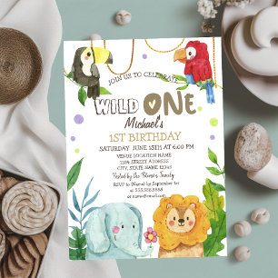 Invitación Animales Elefante León Pájaros Hojas Cumpleaños nú
