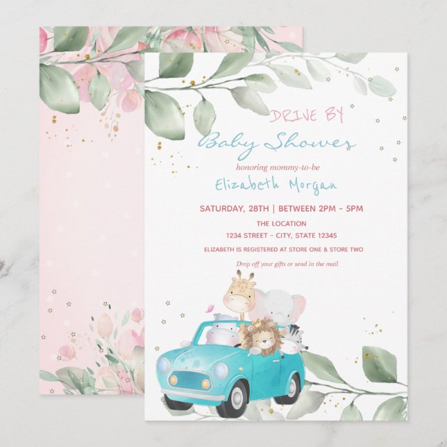 Invitación Animales En Coche Con Puntos Florales De Baby Show (Anverso / Reverso)