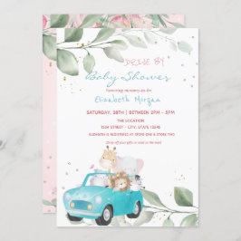 Invitación Animales En Coche Con Puntos Florales De Baby Show