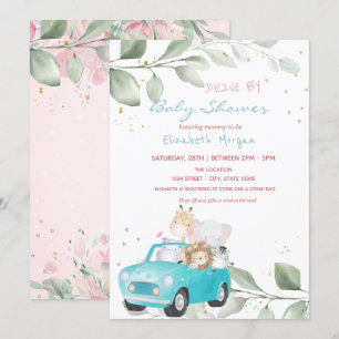 Invitación Animales En Coche Puntos Florales Baby Shower Driv